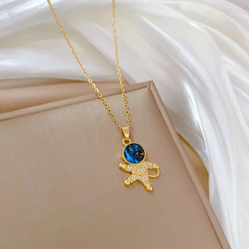 Light Luxury Titanium Steel Star Series Planet, Moon & Astronaut Pendant Necklace