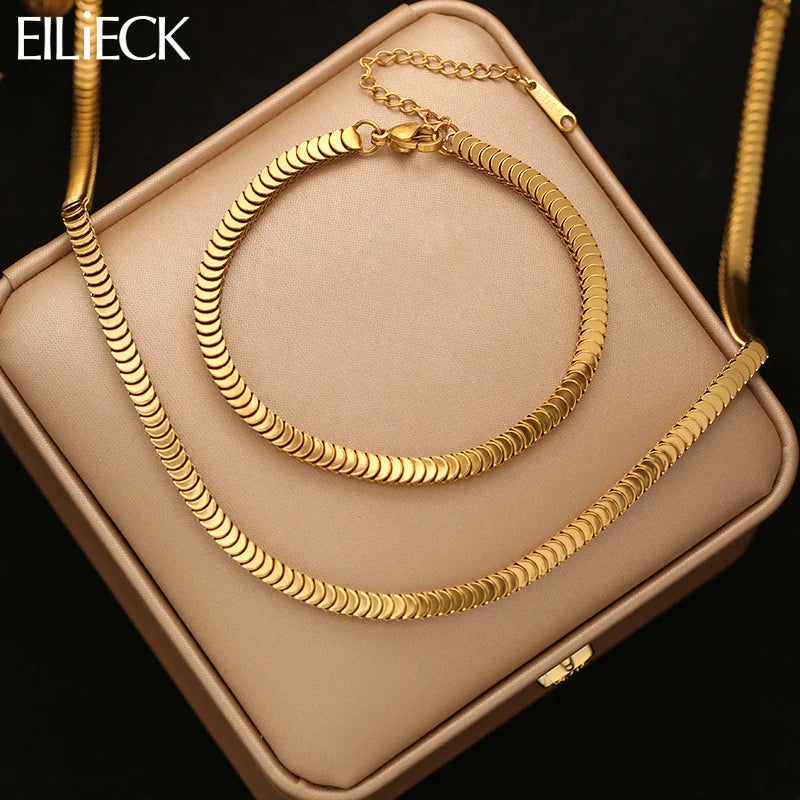 EILIECK Geometric Snake Chain Necklace Bracelet Trendy Stainless Steel Jewelry Set Golden Metal Texture Women Waterproof Gift