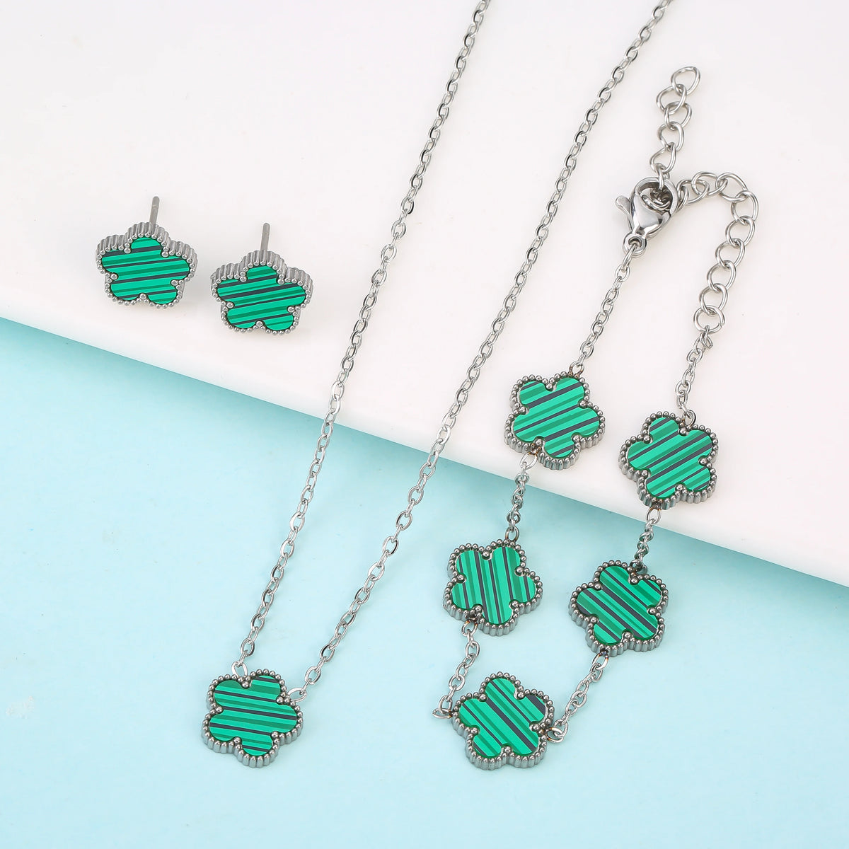 Silver/Gold Plated New Stainless Steel Jewelry Set Plum Blossom Five Leaf Flower Women's High Quality Accessories Clover