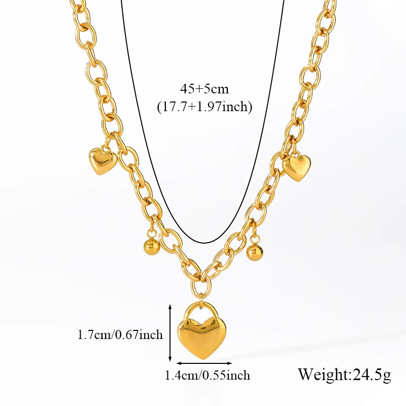EILIECK 316L Stainless Steel Metal Heart Beads Charms Necklace Bracelet Set For Women Fashion Statement Waterproof Jewelry Gift