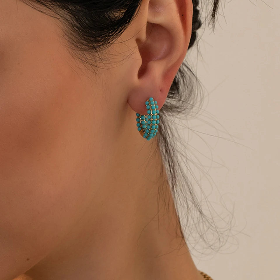 Gold-Color Plated Turquoise Round Blue Bead Huggie Hoop Earrings