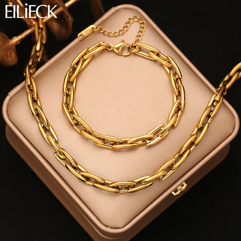 EILIECK Ensemble Collier et Bracelet Chaîne Faits Main en Acier Inoxydable 316L de Haute Qualité, Cadeau pour Femme, Nouveaux Bijoux de Mode Étanche