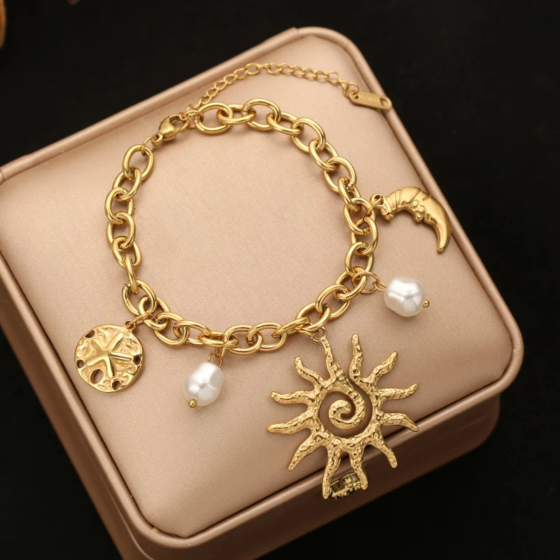 EILIECK 316L Stainless Steel Beach-Style Shells Starfish Bracelet Bangle For Women Trendy Waterproof Hand Chain Jewelry Gift