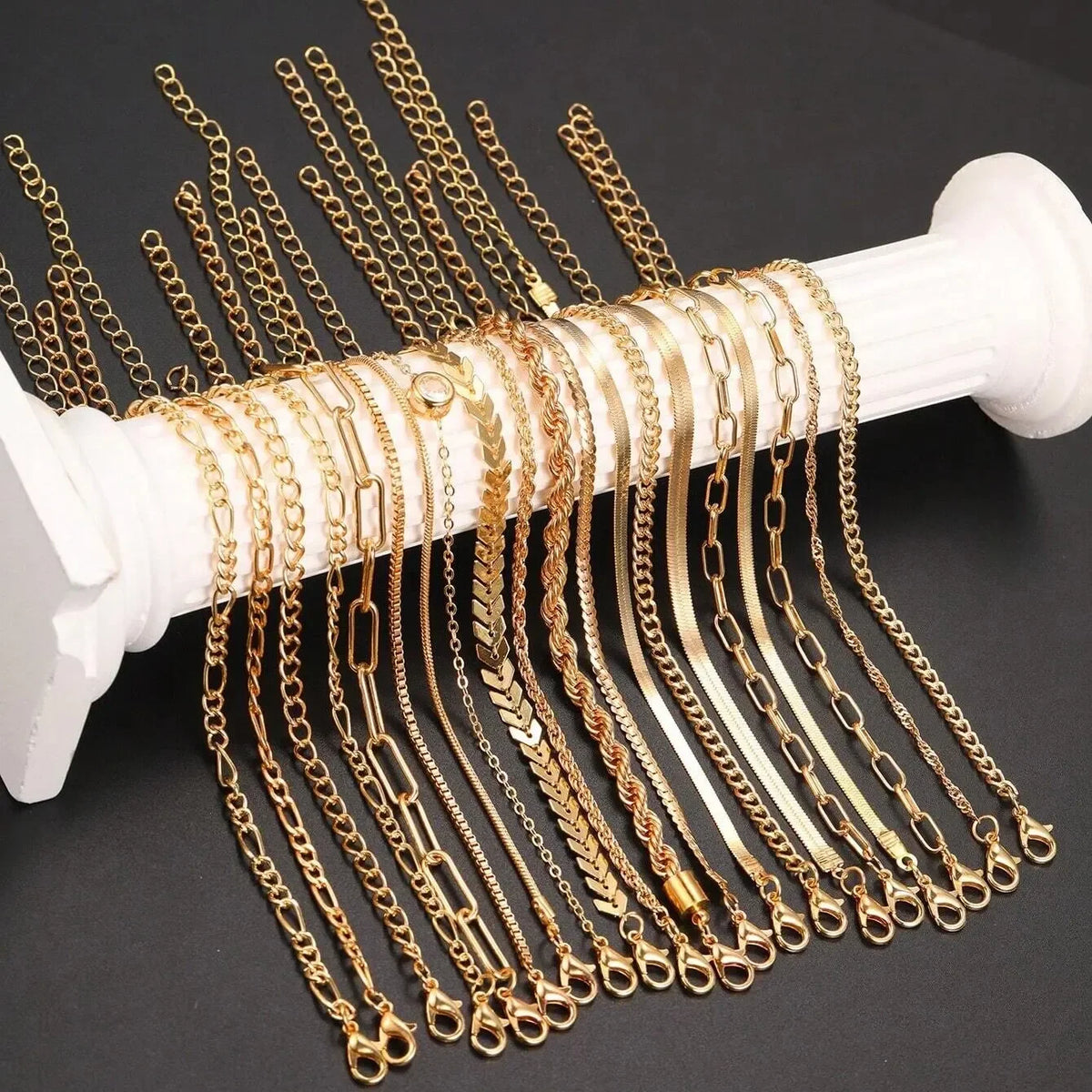 Trendy Minimalist Gold Color Snake Bone Chain Bracelet Set, 20 Pcs/Set