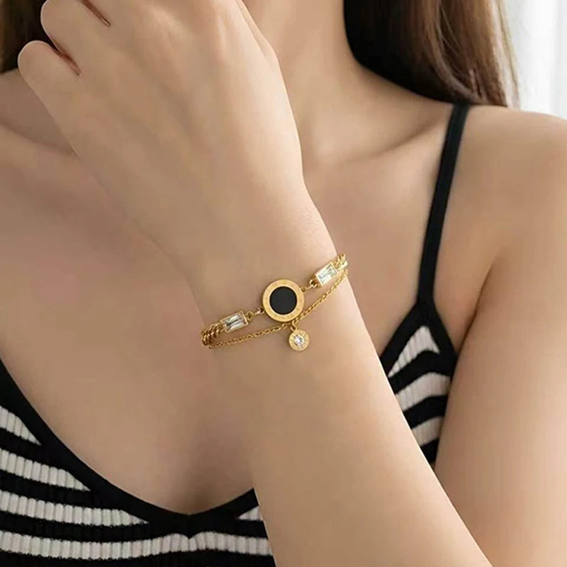 EILIECK 316L Stainless Steel Round Roman Numerals Necklace Bracelet Set For Women Girl Trendy Waterproof Jewelry Set Gift