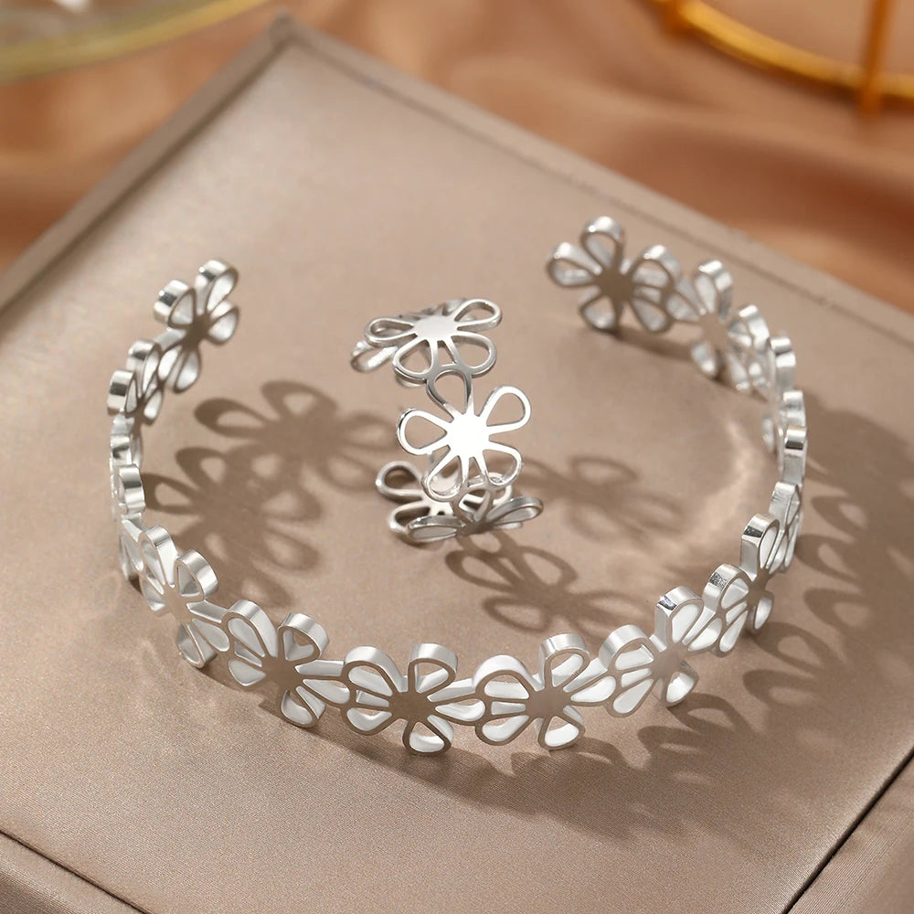 Stainless Steel Bracelet Rings Set Hollow Flowers Unusual Retro Bracelet Ring For Women Jewelry Non-fading High-quality Gift New