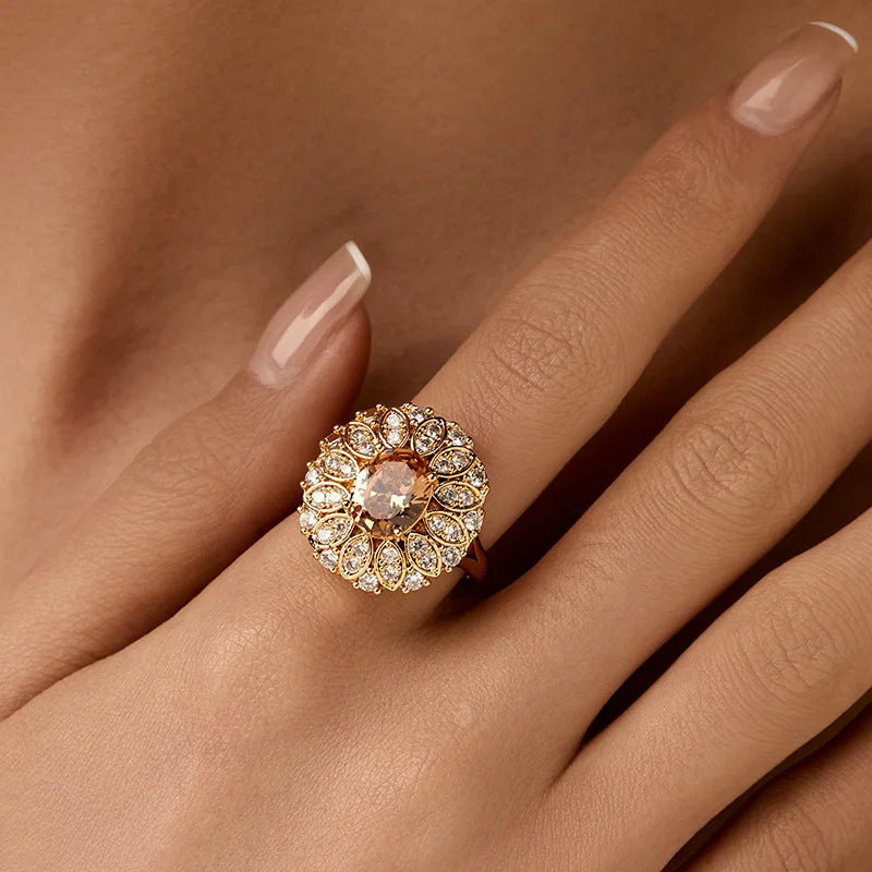Personalized 18k Gold Plated Exquisite Zircon Ring with Opening Design European American Style Elegant Women Finger Ring