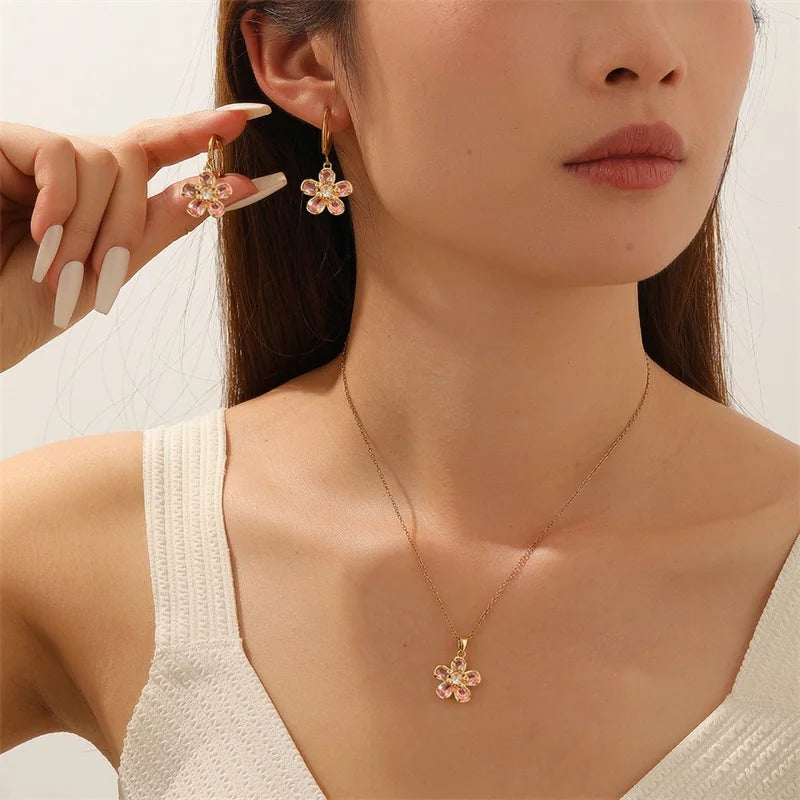 EILIECK Shiny Cubic Zirconia Flowers Luxury Necklace Earrings Gold Color Platinum Plated Temperament Waterproof Jewelry New