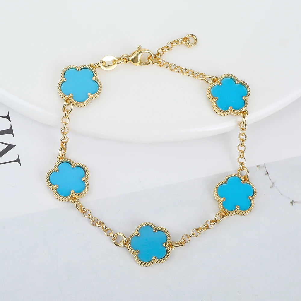 Hot Sale 14 Colors Five-Leaf Flower Set Bracelet Necklace Classic Simple Women Jewelry Set Suitable For Daily Party Wear Clover