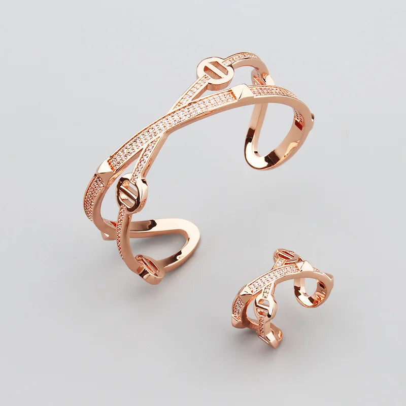 Fashion Luxury Punk Geometry Cubic Ziron Engagement Bridal Bracelet Statment Ring copper Lady Gift Jewelry