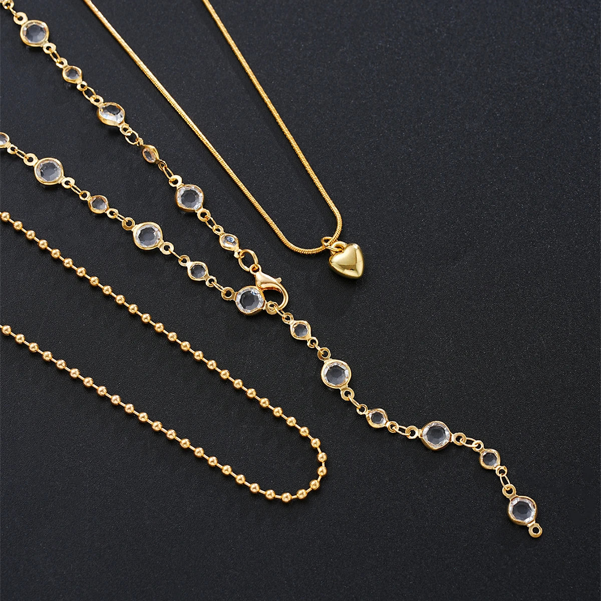 Vintage Heart Beads & Crystal Y-Shaped Tassel Necklace Set, 3 Pcs/Set