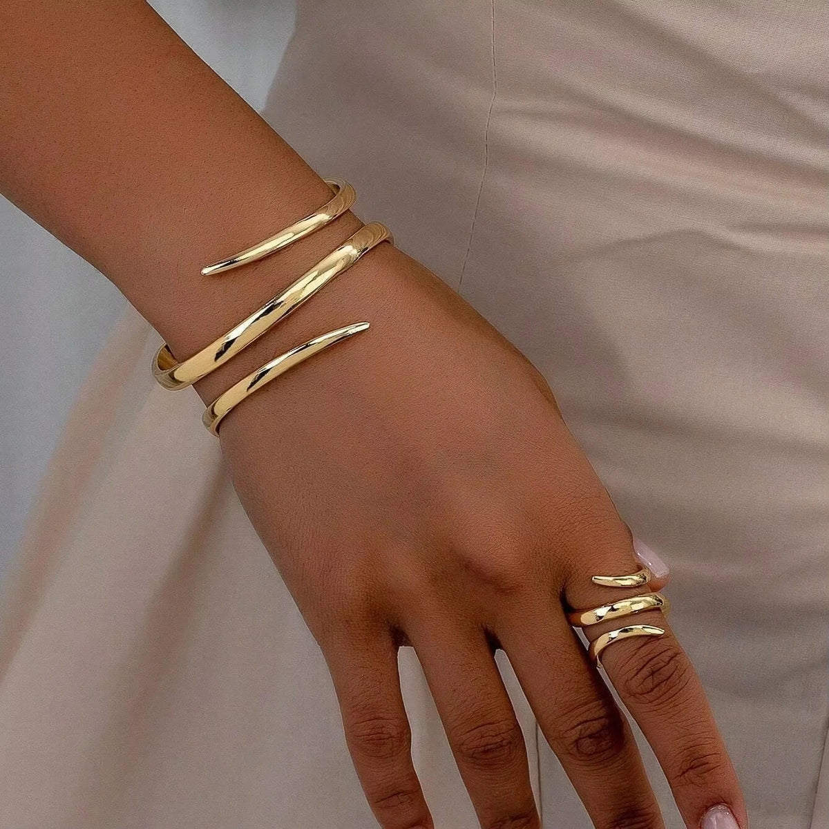 2pcs New Fashion Simple Design Geometric Open Bracelet Ring Set, Women's Personalized Trend Holiday Party Accessories Gifts