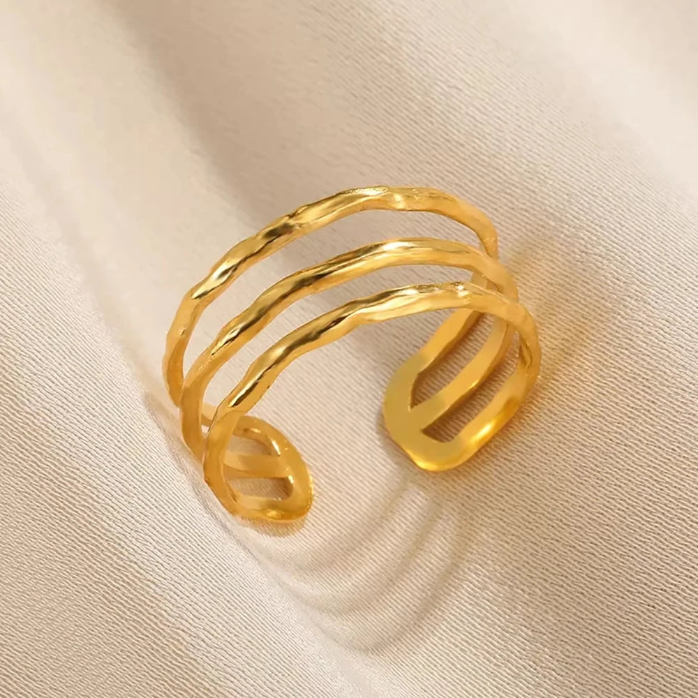 316L Stainless Steel Gold-Color Multilayer Geometric Open Ring