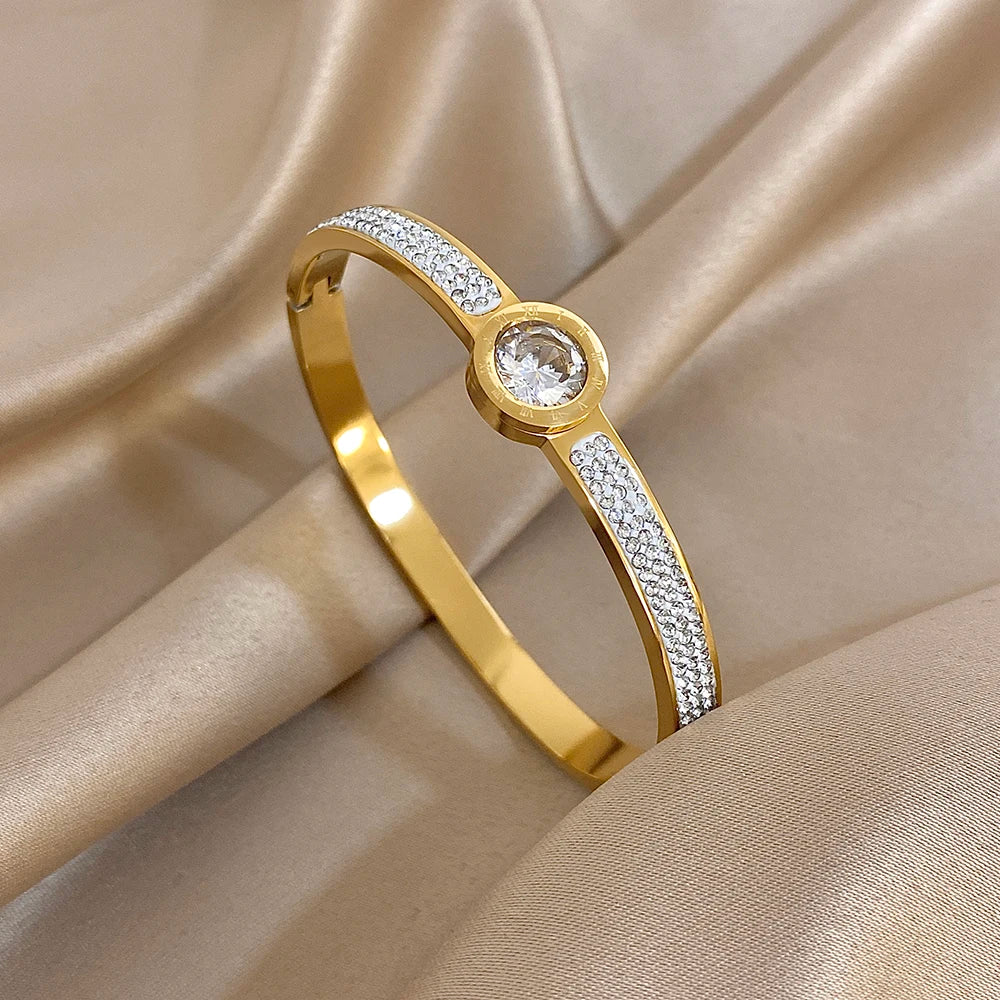 Stainless Steel Waterproof Shiny Zircon Geometric Stacked Cuff Bangle