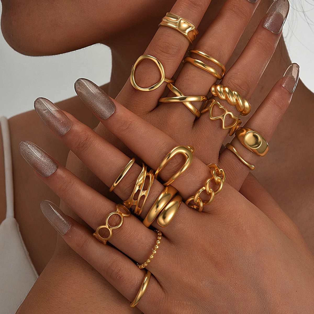 Punk Irregular Geometric Adjustable Knuckle Finger Rings Set, 16 Pcs/Set