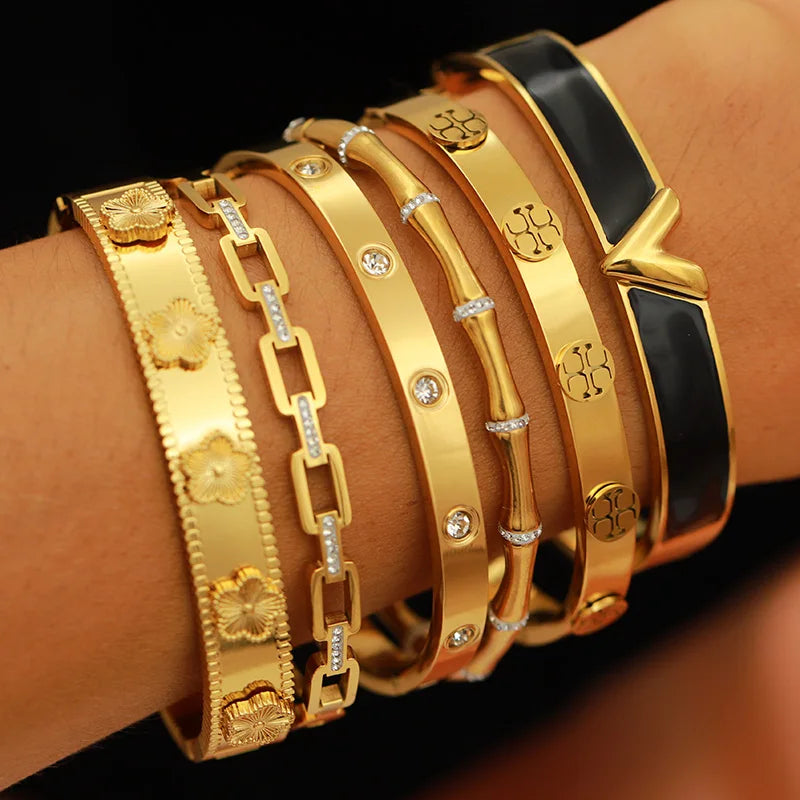 316L Stainless Steel Golden Flower Geometric Bamboo Bangle