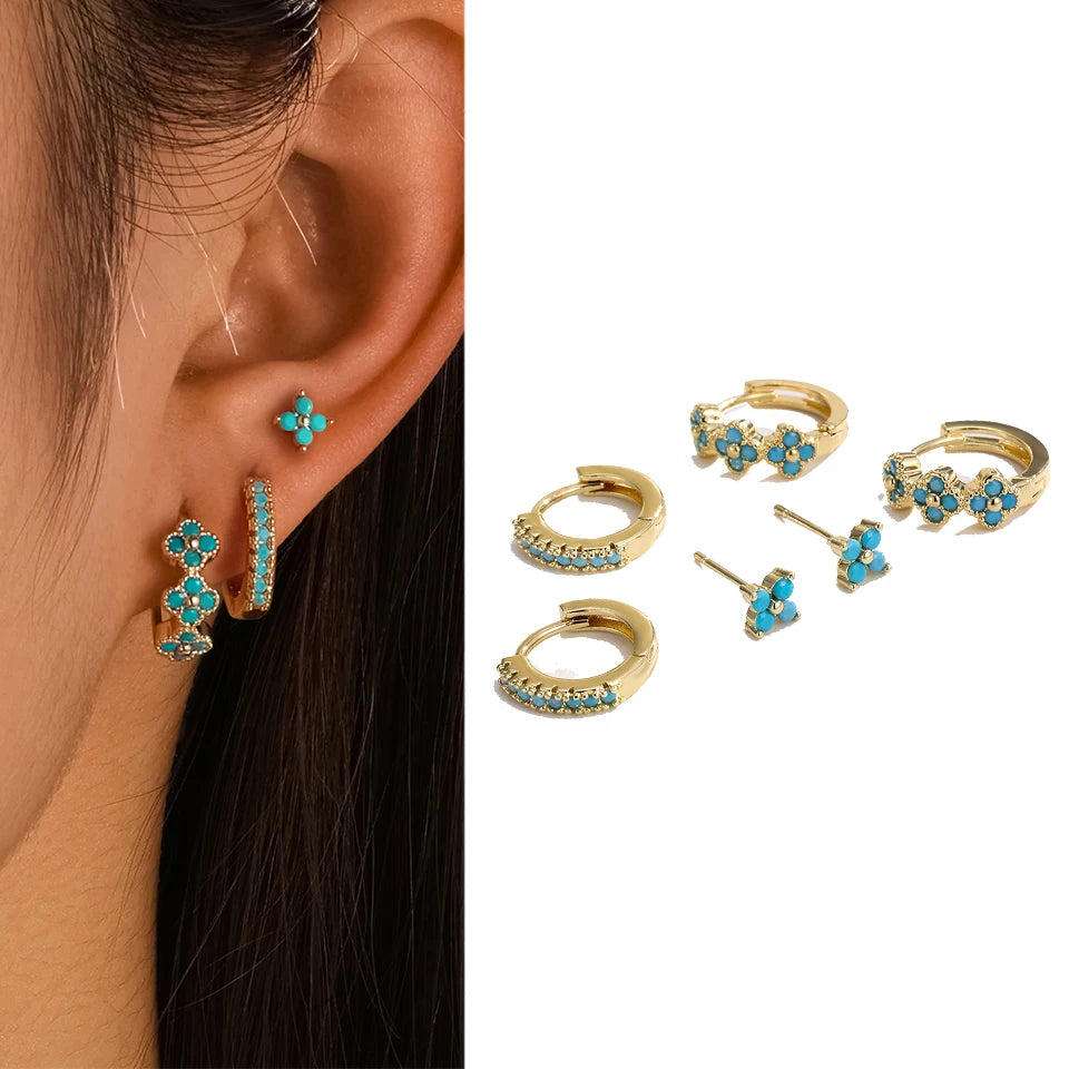 6-Piece Fashion Blue Turquoise & Shiny Zircon Hoop Earring Set