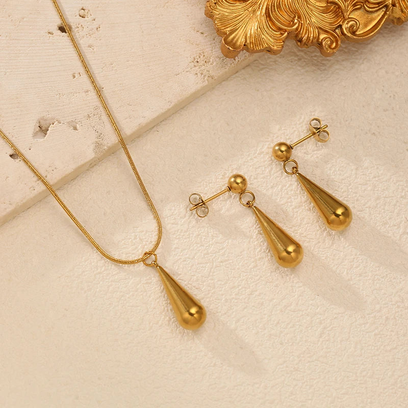 EILIECK 316L Stainless Steel Gold Color Teardrop Tassel Necklace Earrings For Women New Gift Hypoallergenic Waterproof Jewelry