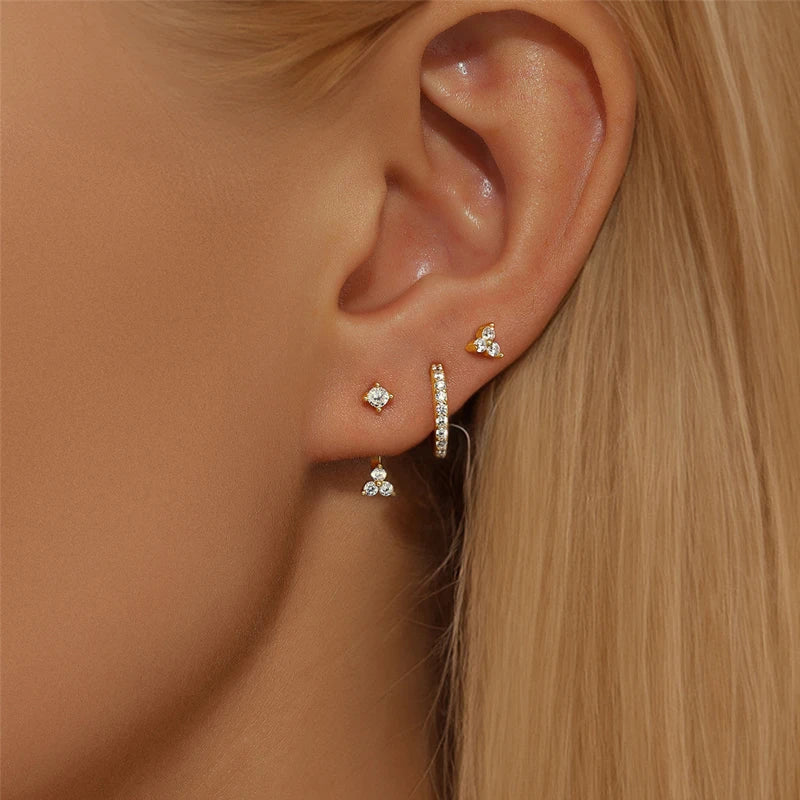 Geometric Irregular Zircon & Floral Hoop Stud Earrings Set, 6 Pcs/Set