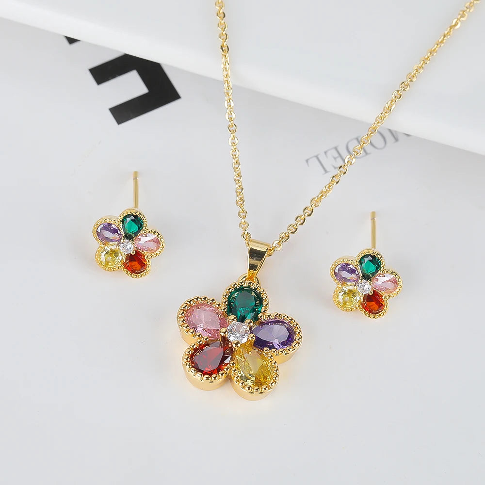 2PC Glass Crystal New Sweet Pendant Necklace Earrings Plum Blossom Five Leaf Flower Luxury Plant Women's Gift Clover