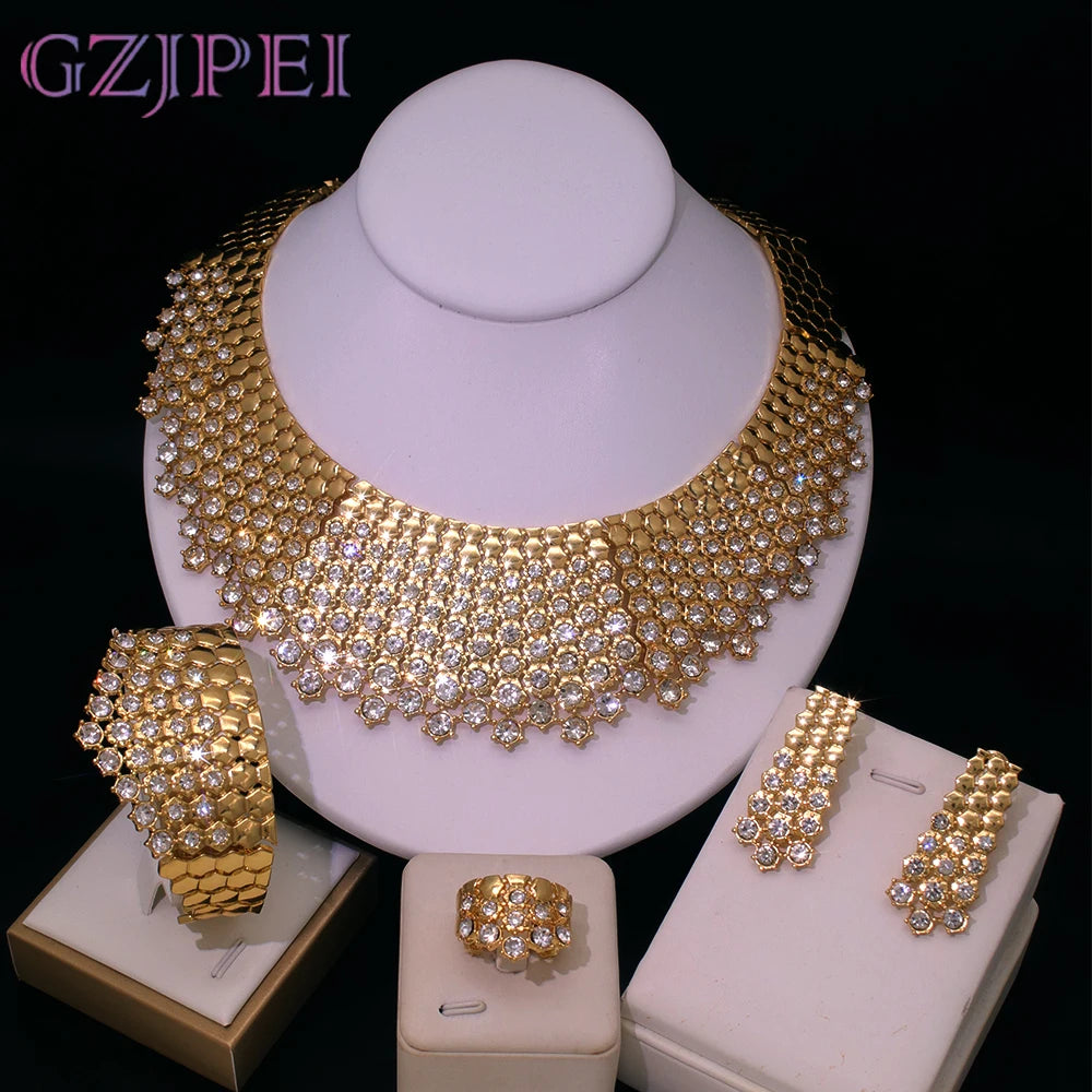 GZJPEI Parure de bijoux en zircon blanc brillant pour femme Italie Nigeria Bijoux de mariage Plaqué or 18 carats Cadeau Fête des Mères En solde