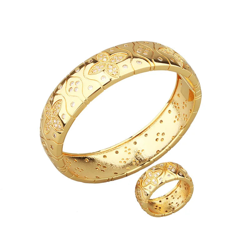Fashion Jewelry  Set Luxury Geometry Cubic Ziron Bracelet Engagement Bridal Finger Ring copper Lady Gift