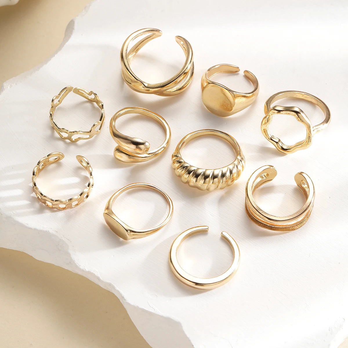 Vintage Bohemian Irregular Geometric & Chain Pattern Gold Color Ring Set, 10 Pcs/Set