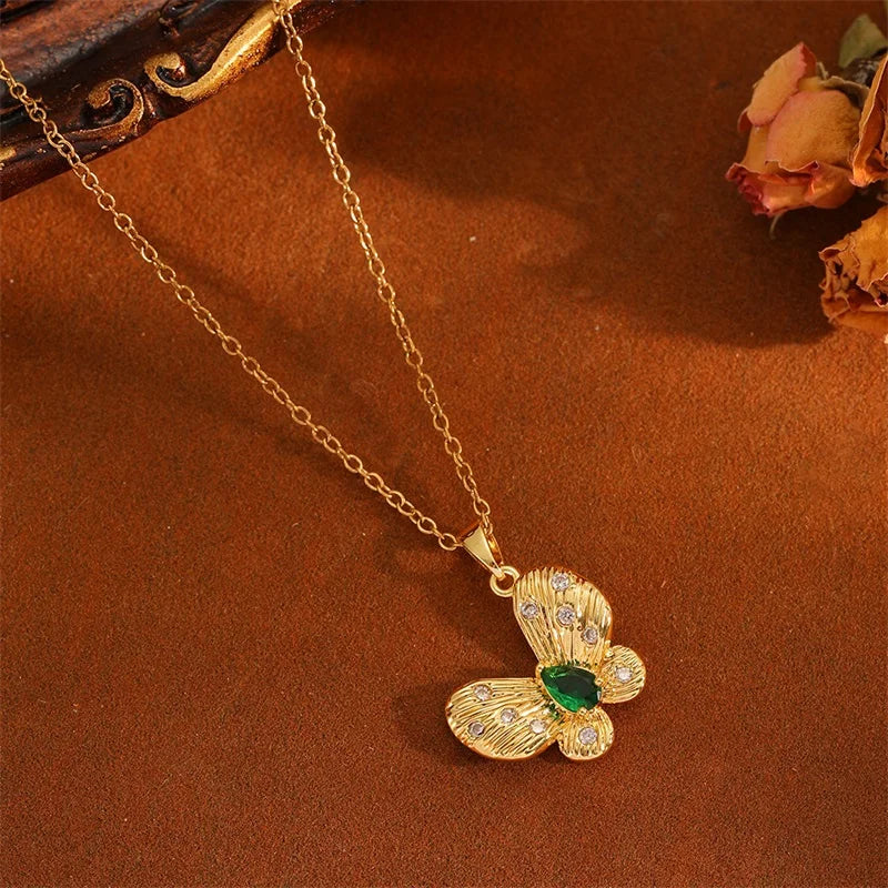 EILIECK 316L Stainless Steel Green Butterfly Zircon Dangle Necklace Earrings Set For Women Trendy Gift Luxury Waterproof Jewelry