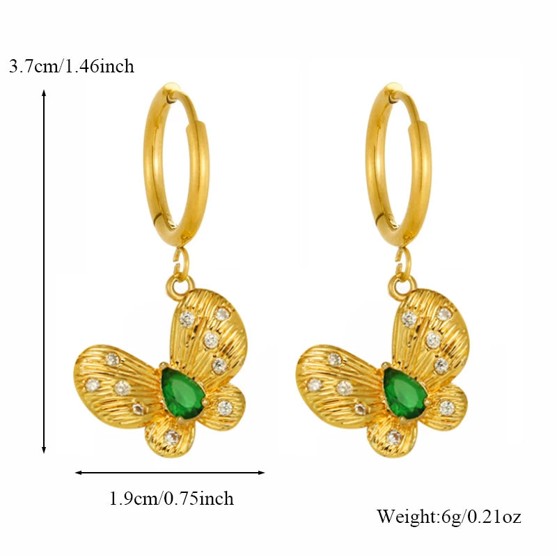 EILIECK Exquises Boucles d'Oreilles Pendantes Papillon Zircon Vert Acier Inoxydable Plaqué Or 18K Accessoires de Vacances Tendance pour Femme