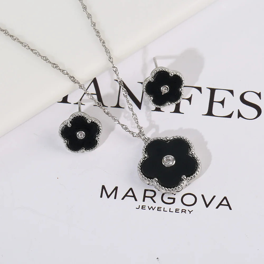 Double Sided Zircon New Design Plant Pentaphyllum 2pc Set Cute Shell Jewelry For Women's High-Quality Gifts Luxurious Clover