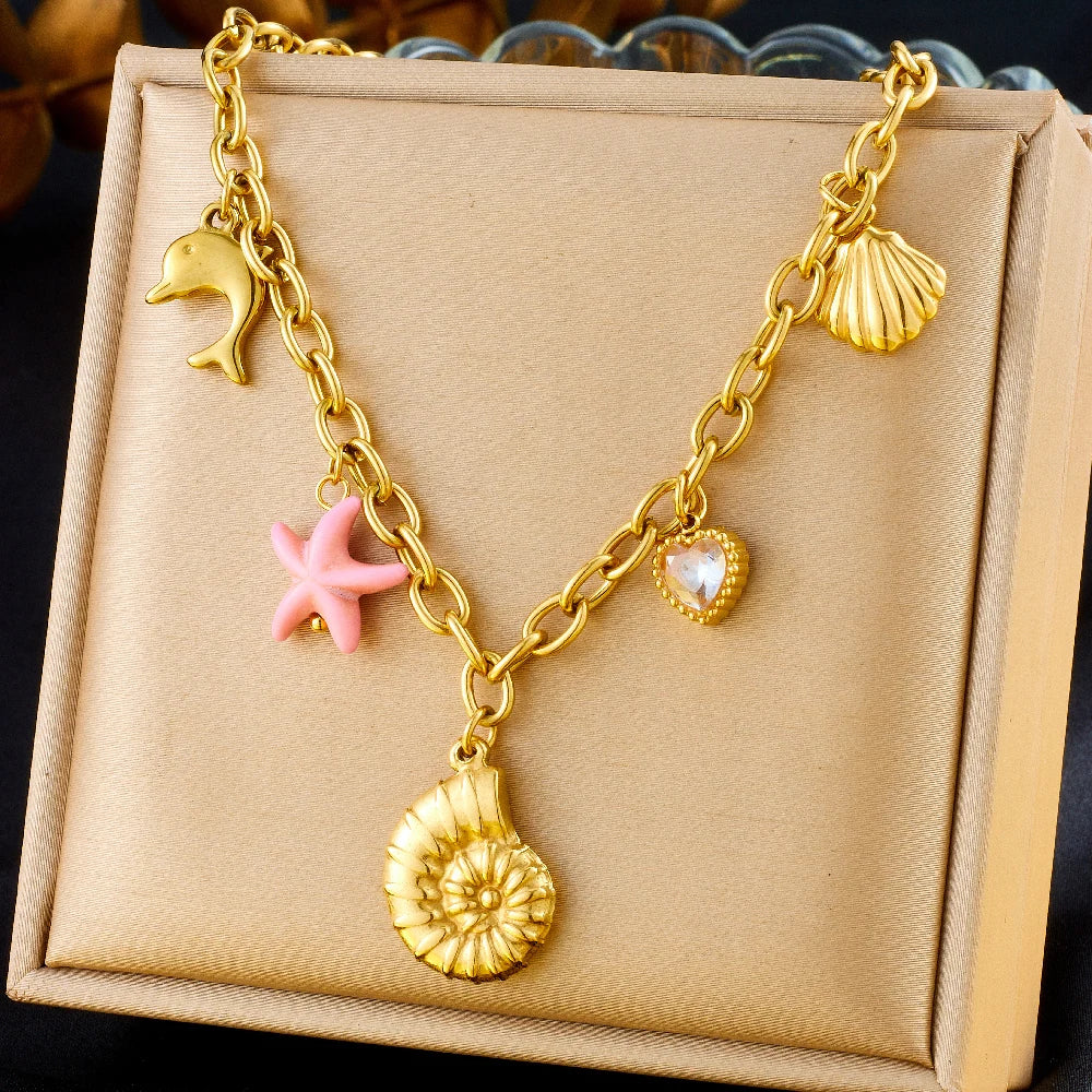 DIEYURO 316L Stainless Steel Golden Heart Sun Multiple Pendants Necklace Women New Fashion Marine Style Neck Chain Jewelry Gift