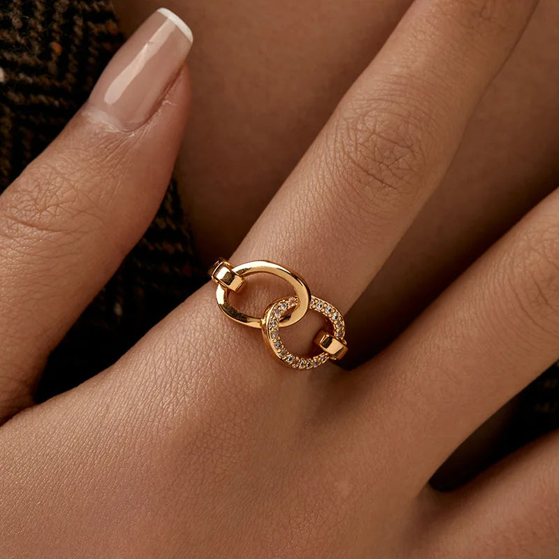 Personalized 18k Gold Plated Exquisite Zircon Ring with Opening Design European American Style Elegant Women Finger Ring