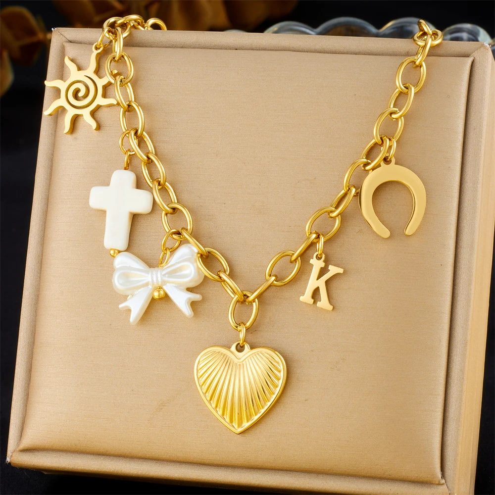 DIEYURO 316L Stainless Steel Golden Heart Flower Turquoise Multi Pendant For Womnen New Trend Chain Rustproof Jewelry Party Gift