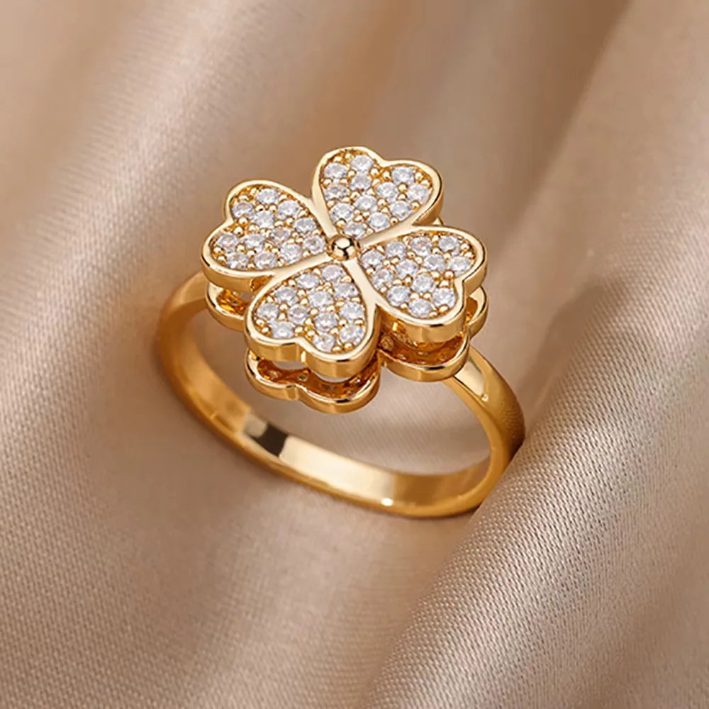Gold-Plated Stainless Steel Crystal & Geometric Chain Ring