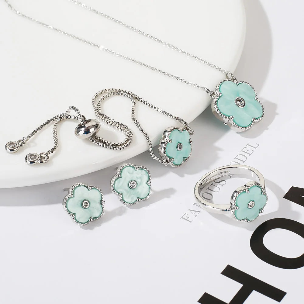 4pc Double-Sided Plum Blossom Jewelry Set Zircon New Hot Selling Plant Five Leaf Flower Women's High-Quality Clover