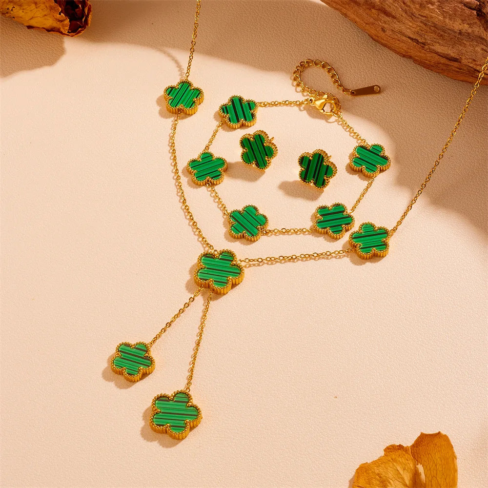 Women's Trendy 18K Gold Plated Jewelry Set  Five Leaf Clover Necklace Bracelet Earrings Stainless Steel Jewelry Para Mujer