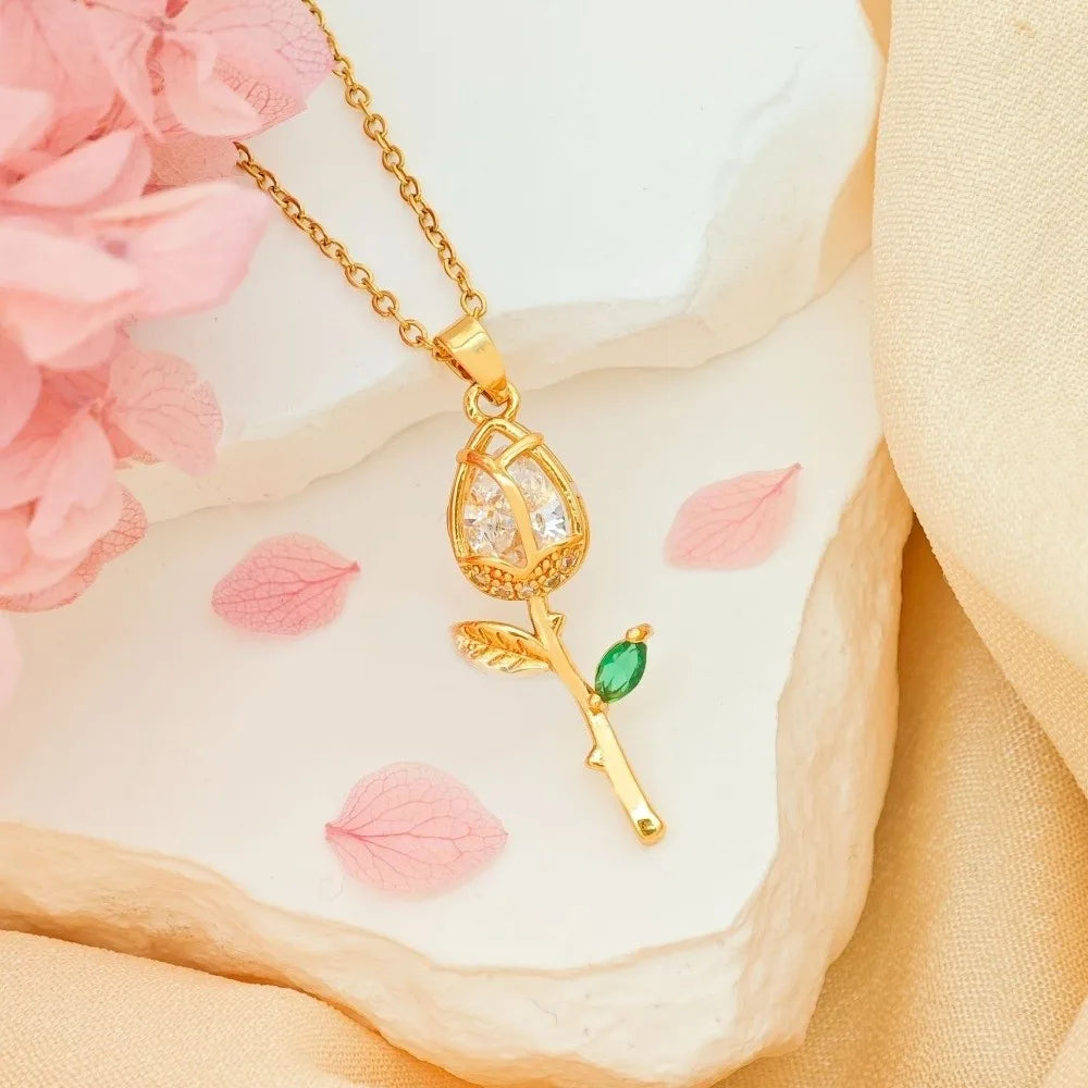 Elegant Tulip Flower Pendant Necklace Minimalist Sweet Style Zircon Pendant Layered Trendy Design Stainless Steel Choker Wedding