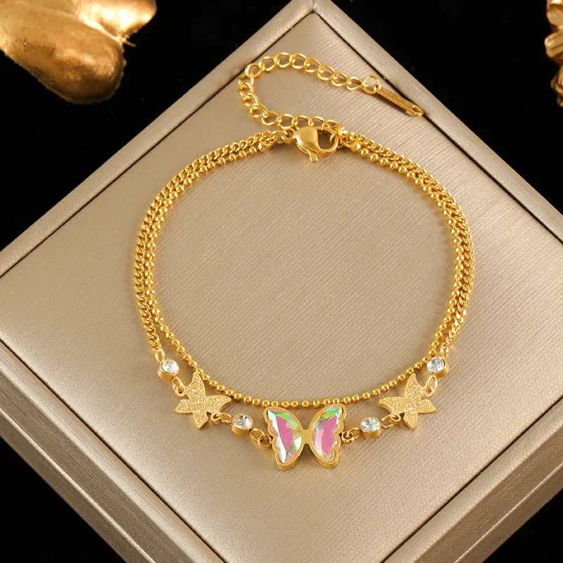 EILIECK Women's Fashion Retro Multi-Charm Chain Bracelet Gold Color Stainless Steel Flower Heart Butterfly Charm Bangle Jewelry