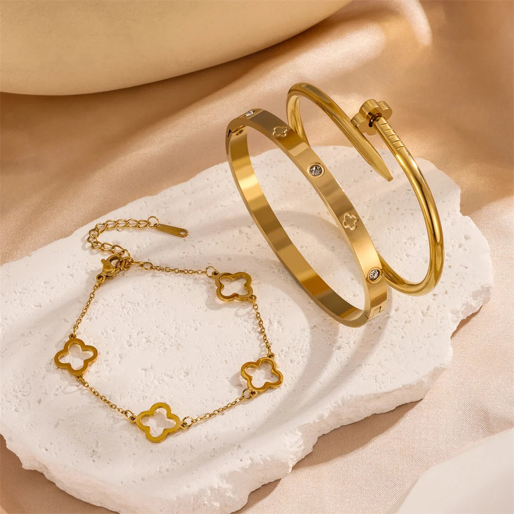3pcs/2pcs Stainless Steel Four-Leaf Clover Stacked Bracelets Set 18K Gold Plated Couple Jewelry Lucky Charm Holiday Gift