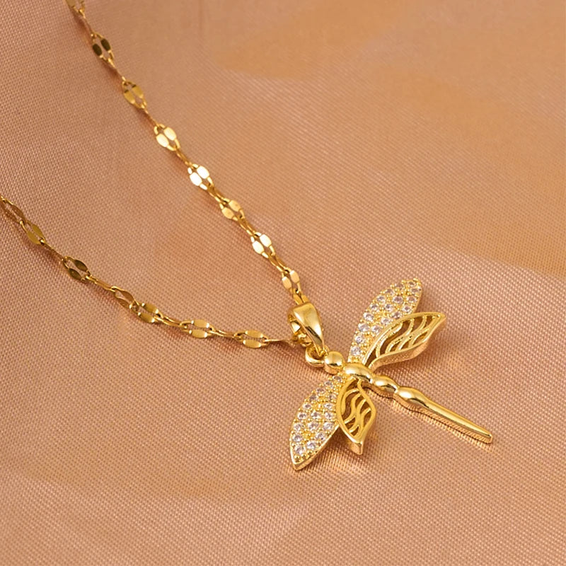 Trendy Gold-Color Stainless Steel Dragonfly Wings Crystal Necklace
