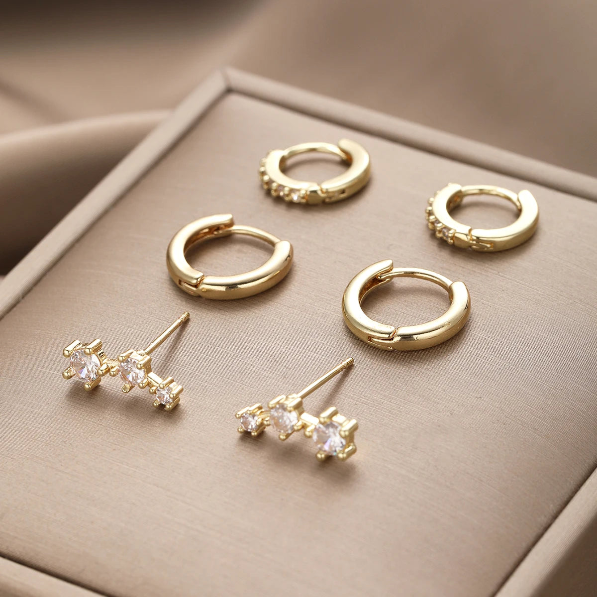 Minimalist Exquisite Gold Color Zircon Stud Earrings Set, 3 Pcs/Set