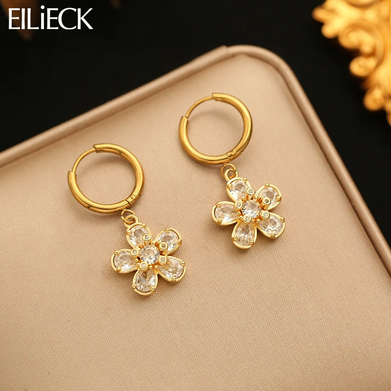 EILIECK Women's Luxury Flower Crystal Zircon Dangle Earrings 18K Gold PVD Plated Stainless Steel Fashion Ear Jewelry Gift Gift