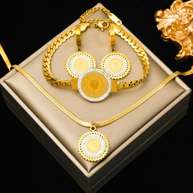 EILIECK 316L Stainless Steel Round Roman Numerals Necklace Bracelet Set For Women Girl Trendy Waterproof Jewelry Set Gift