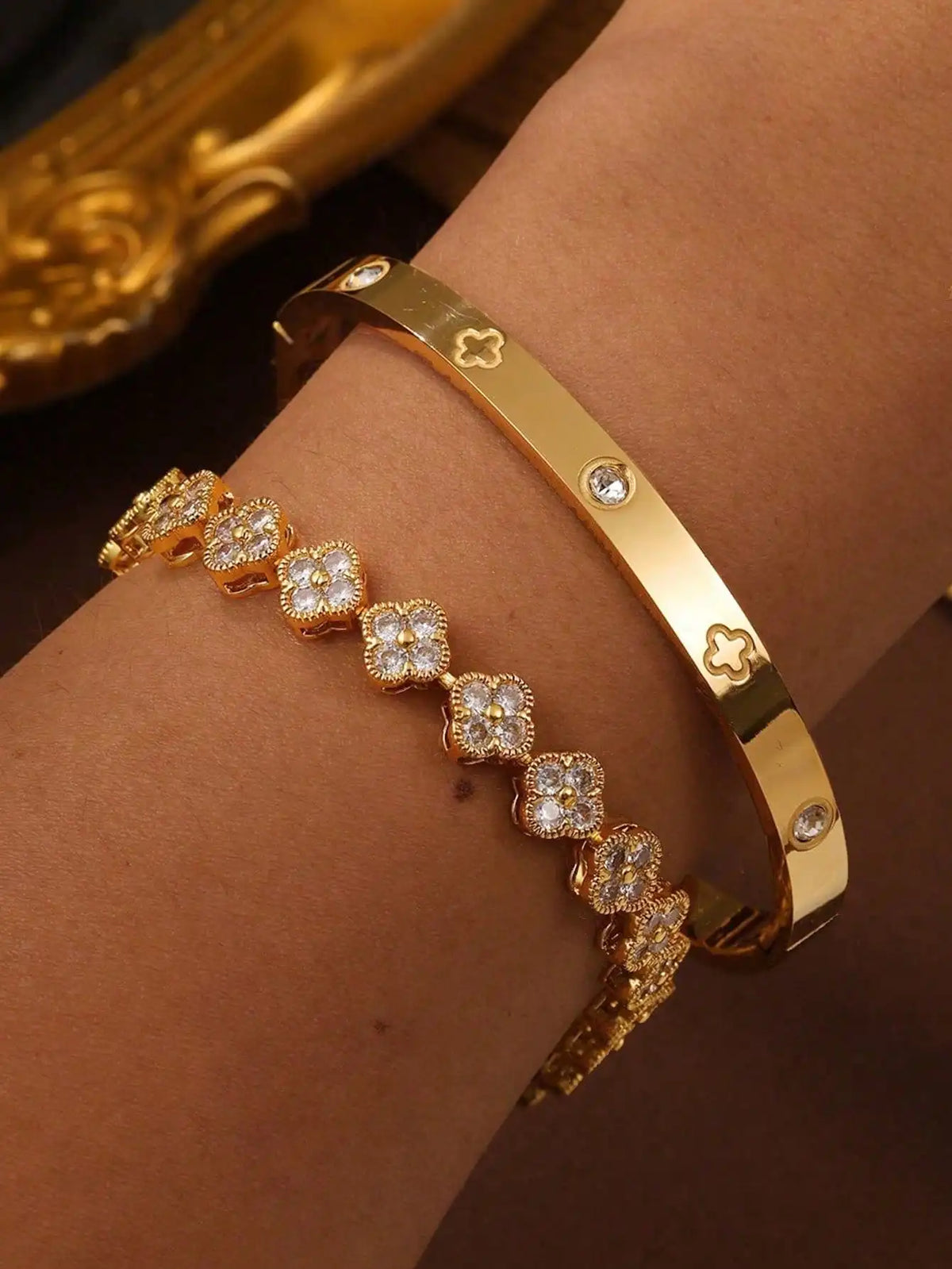 2PCS French Delicate Lucky Clover Stainless Steel Zircon Bracelet