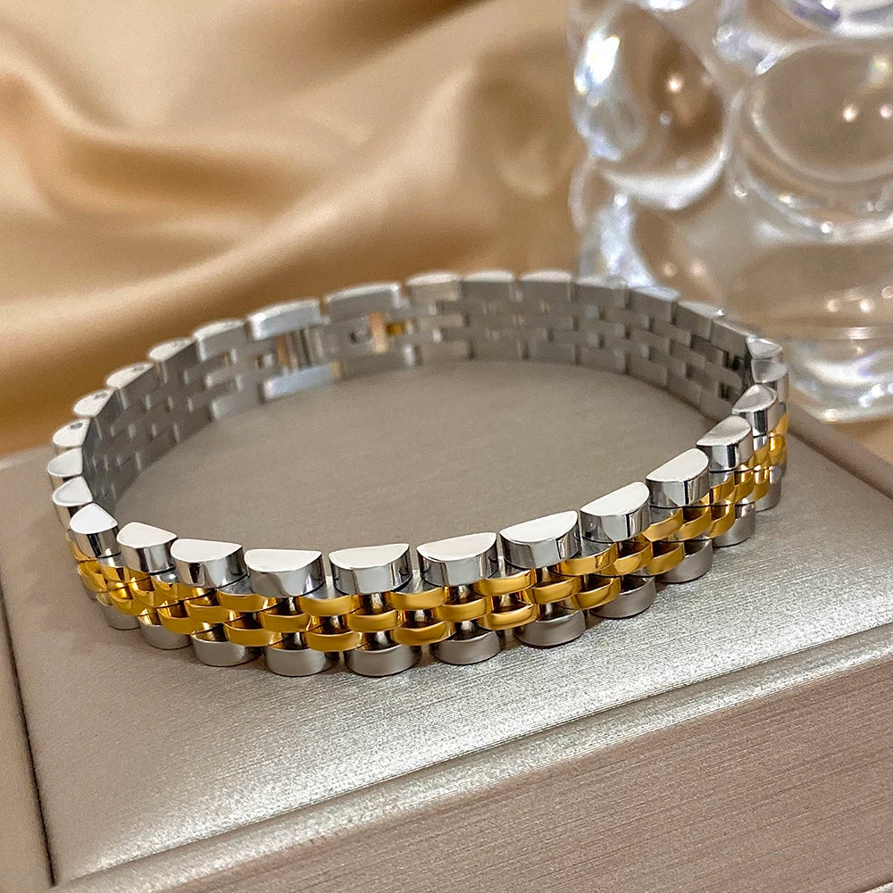 ChooseMe Five-Layer 10mm Beaded Two-Tone Stainless Steel Watch-Chain Bangle