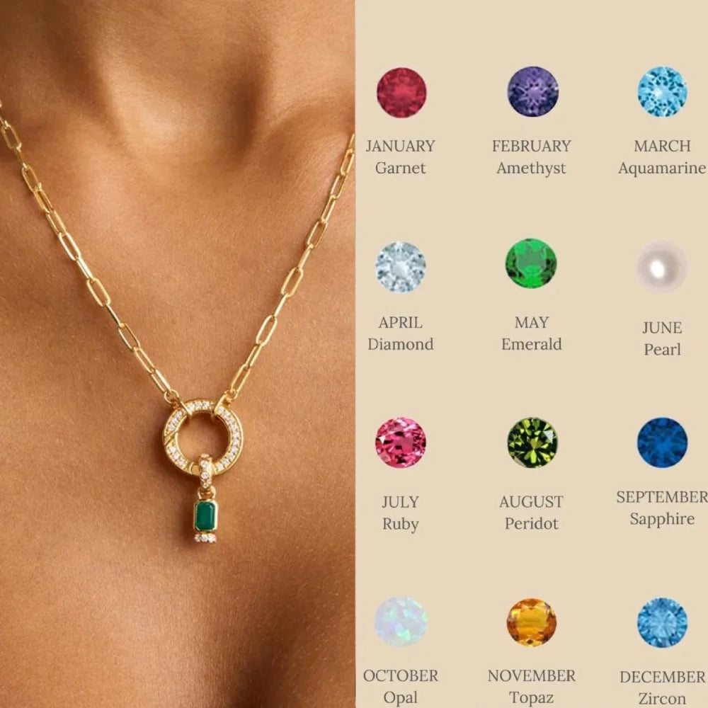 12 Month Birthdate Stone Pendant Necklace for Women Stainless Steel Paper Clip Chain Multicolored Zircon Choker Birthday Gifts