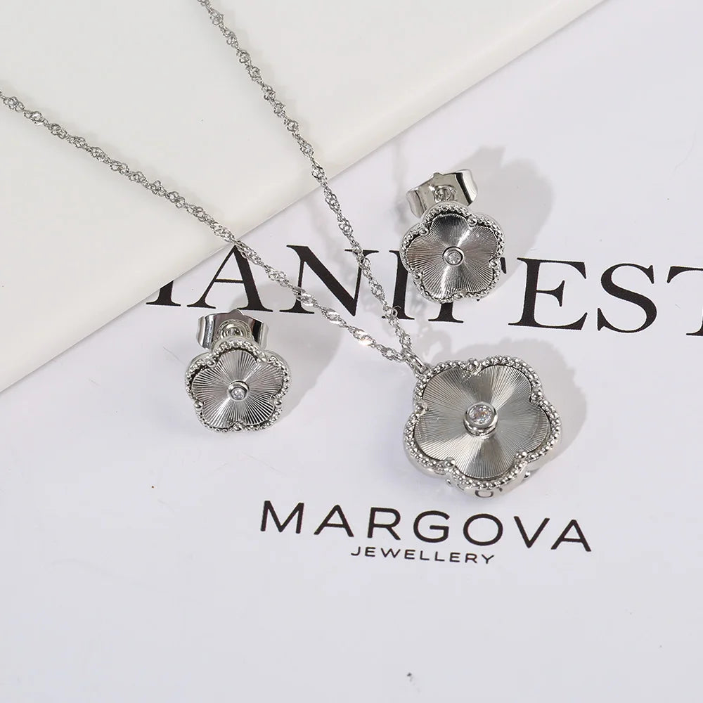 Double Sided Zircon New Design Plant Pentaphyllum 2pc Set Cute Shell Jewelry For Women's High-Quality Gifts Luxurious Clover