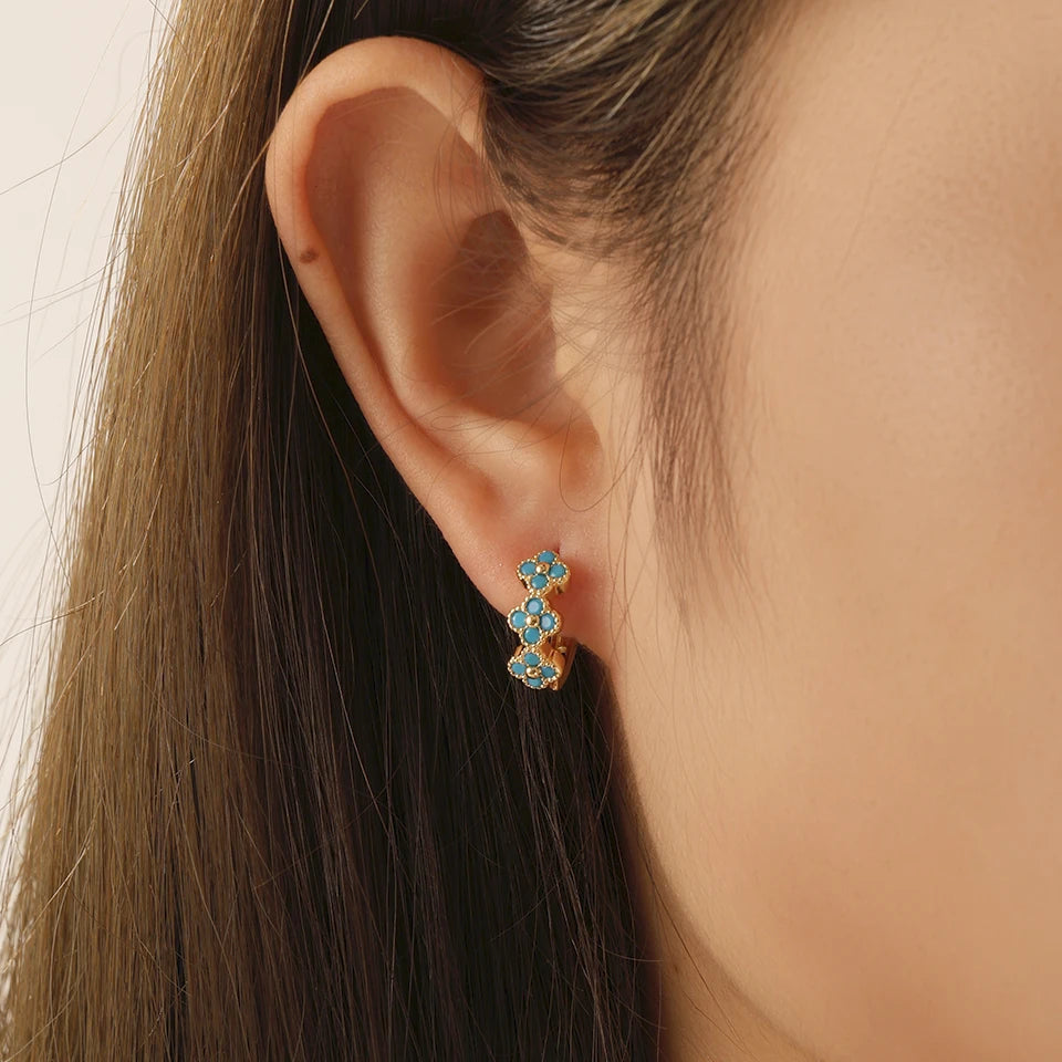 New Classic Turquoise Flower & Blue Four-Leaf Clover Hoop Earrings