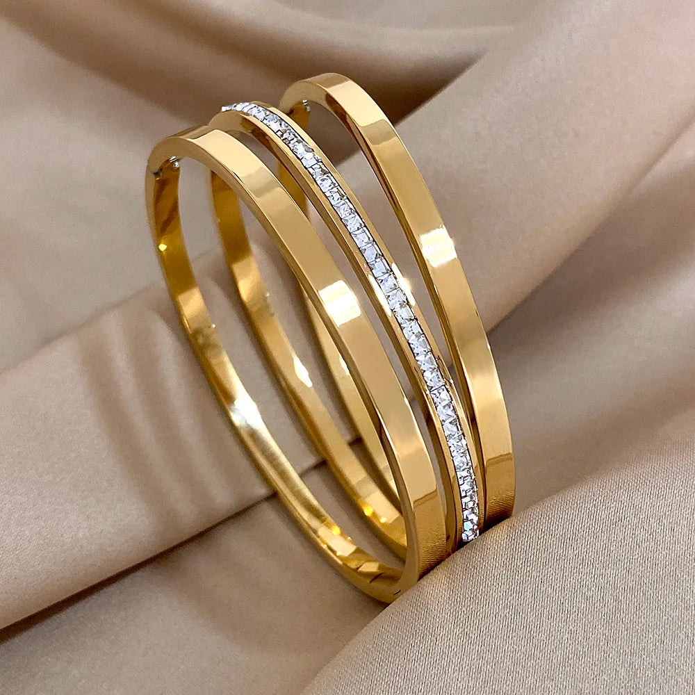 3pcs Glossy Rhinestone Stainless Steel Bangle Bracelet for Women Luxury Gold Silver Color Wristband Bracelet Waterproof Jewelry