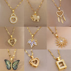 Classic Gold-Color Stainless Steel Shiny Zircon Geometric Heart Pendant Necklace